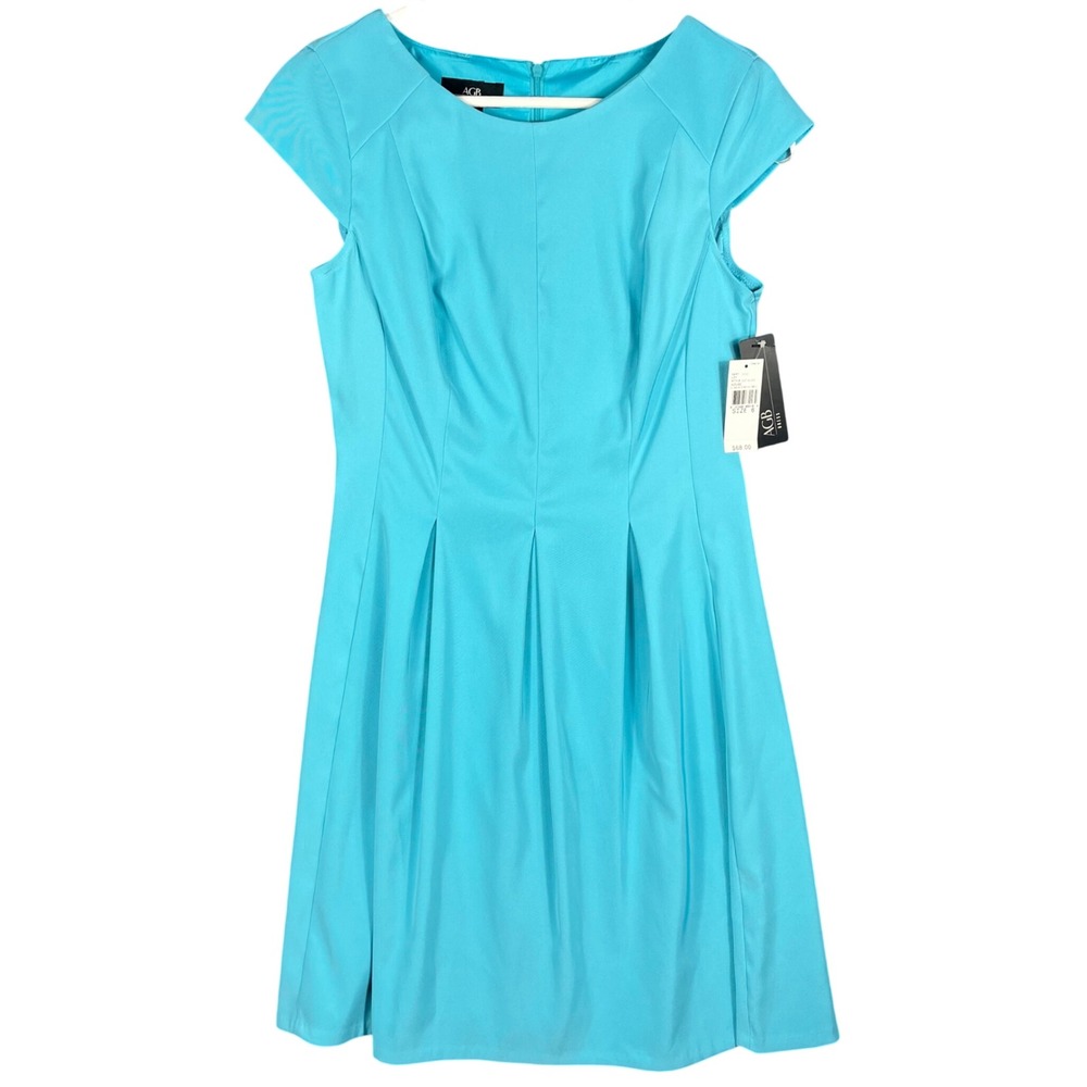 AGB Fit and‎ Flare Dress Womens 6 Azure Blue Cap Sleeve Pleated Stretch Twill